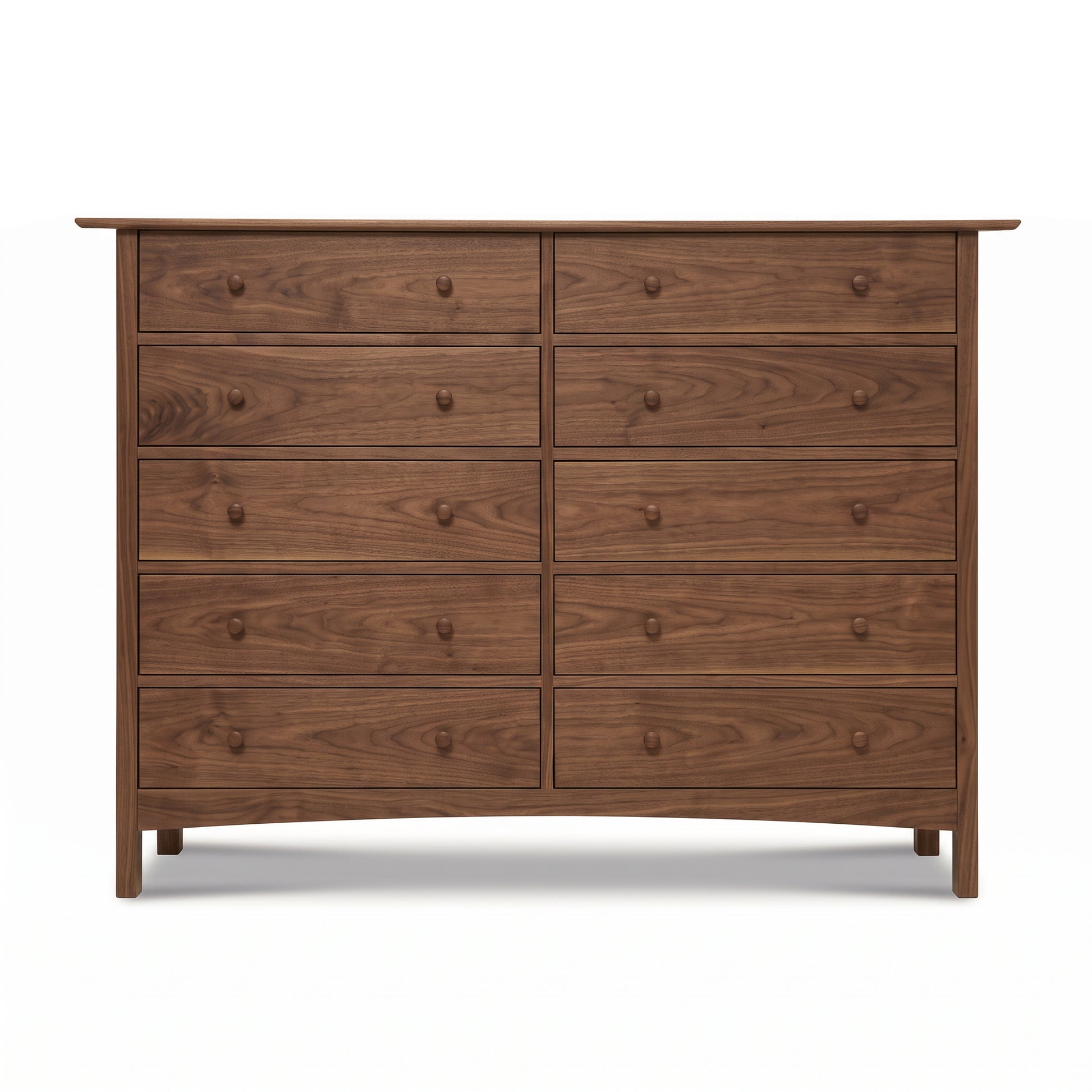 Heartwood Shaker 10-Drawer Dresser by Vermont Furniture Designs, handmade in Vermont with two rows of five drawers and minimalist round wooden knobs.