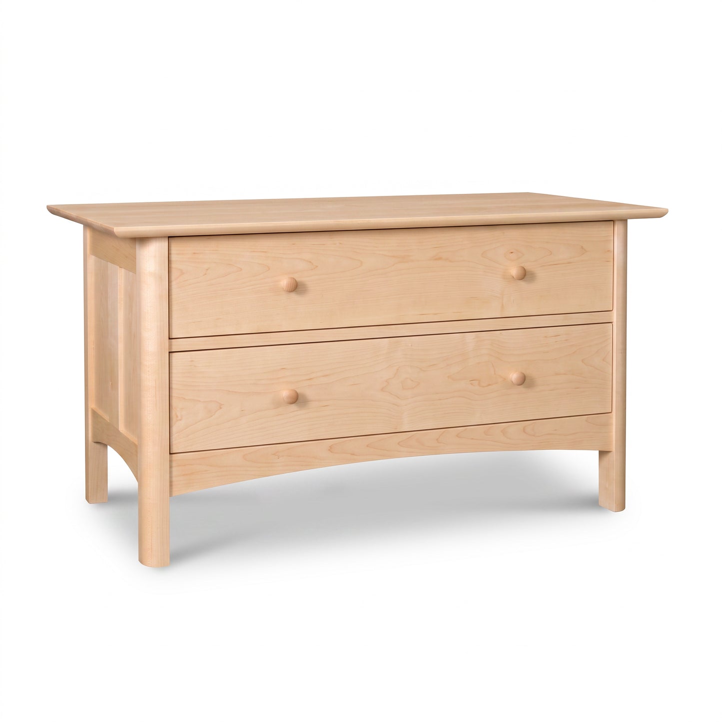 Heartwood Shaker 2-Drawer Blanket Chest by Vermont Furniture Designs featuring solid hardwood, clean lines, round knobs, and a curved bottom edge.