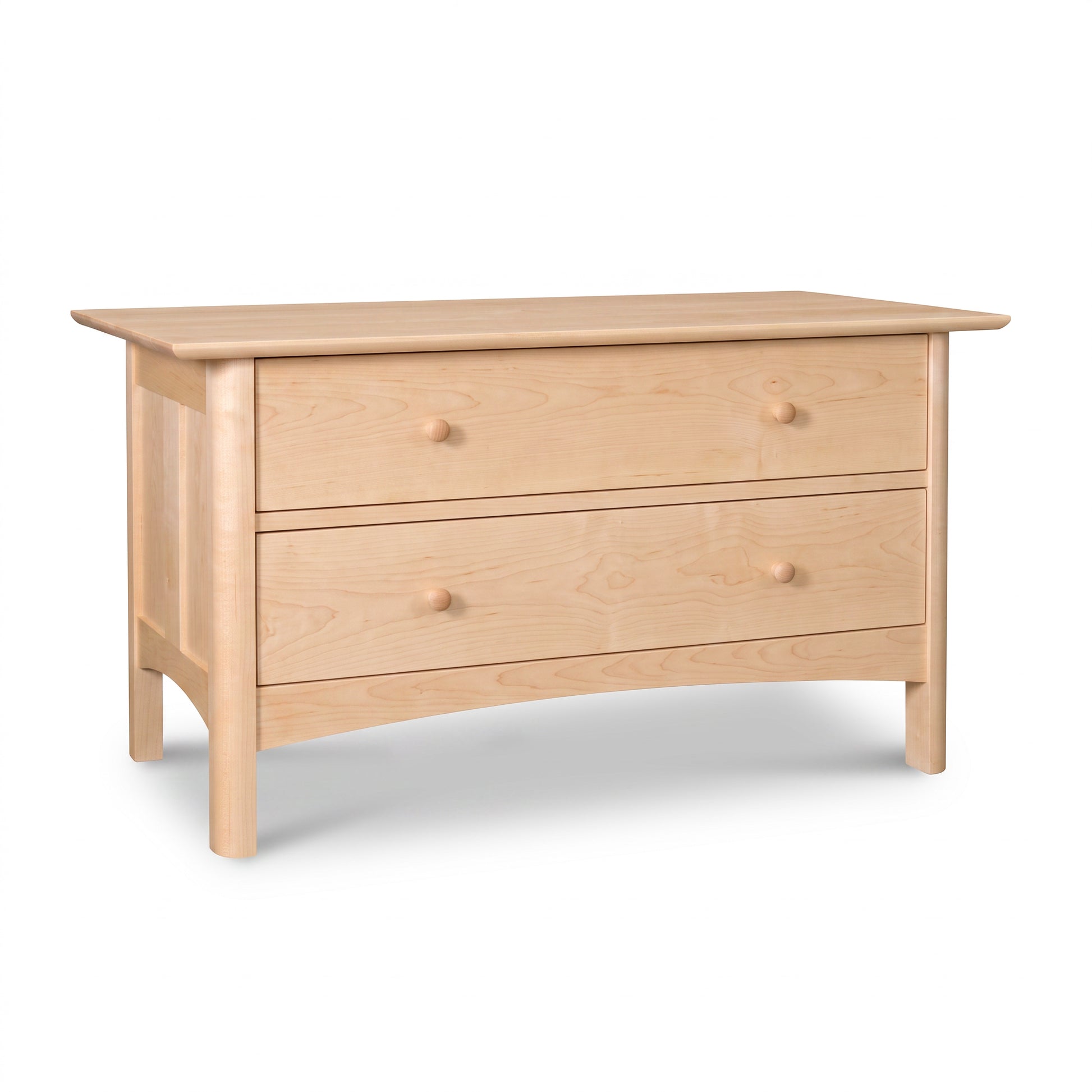 Heartwood Shaker 2-Drawer Blanket Chest by Vermont Furniture Designs featuring solid hardwood, clean lines, round knobs, and a curved bottom edge.