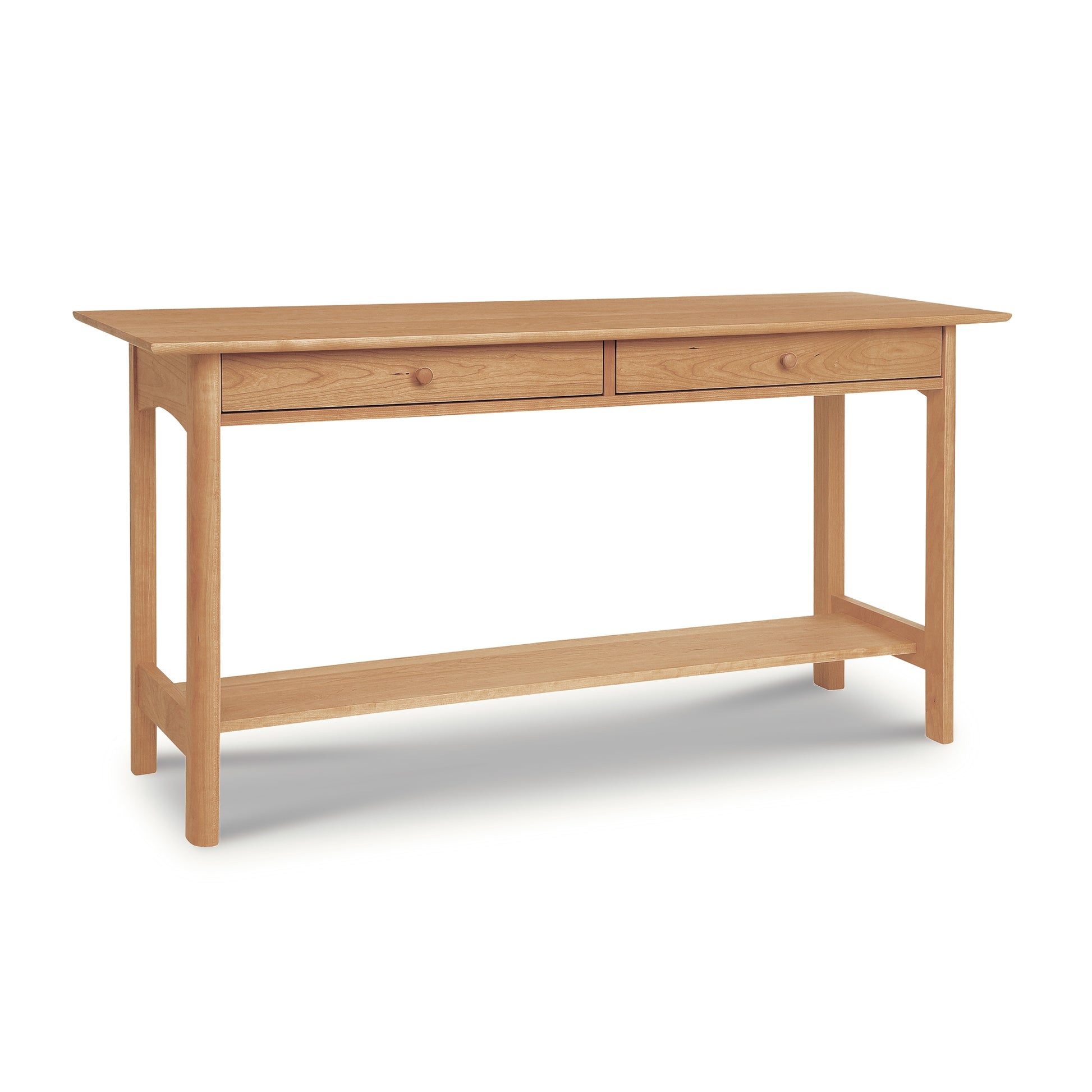 Vermont Furniture Designs Heartwood Shaker 2-Drawer Console Table with open shelf, showcasing natural wood finish and classic Shaker craftsmanship.