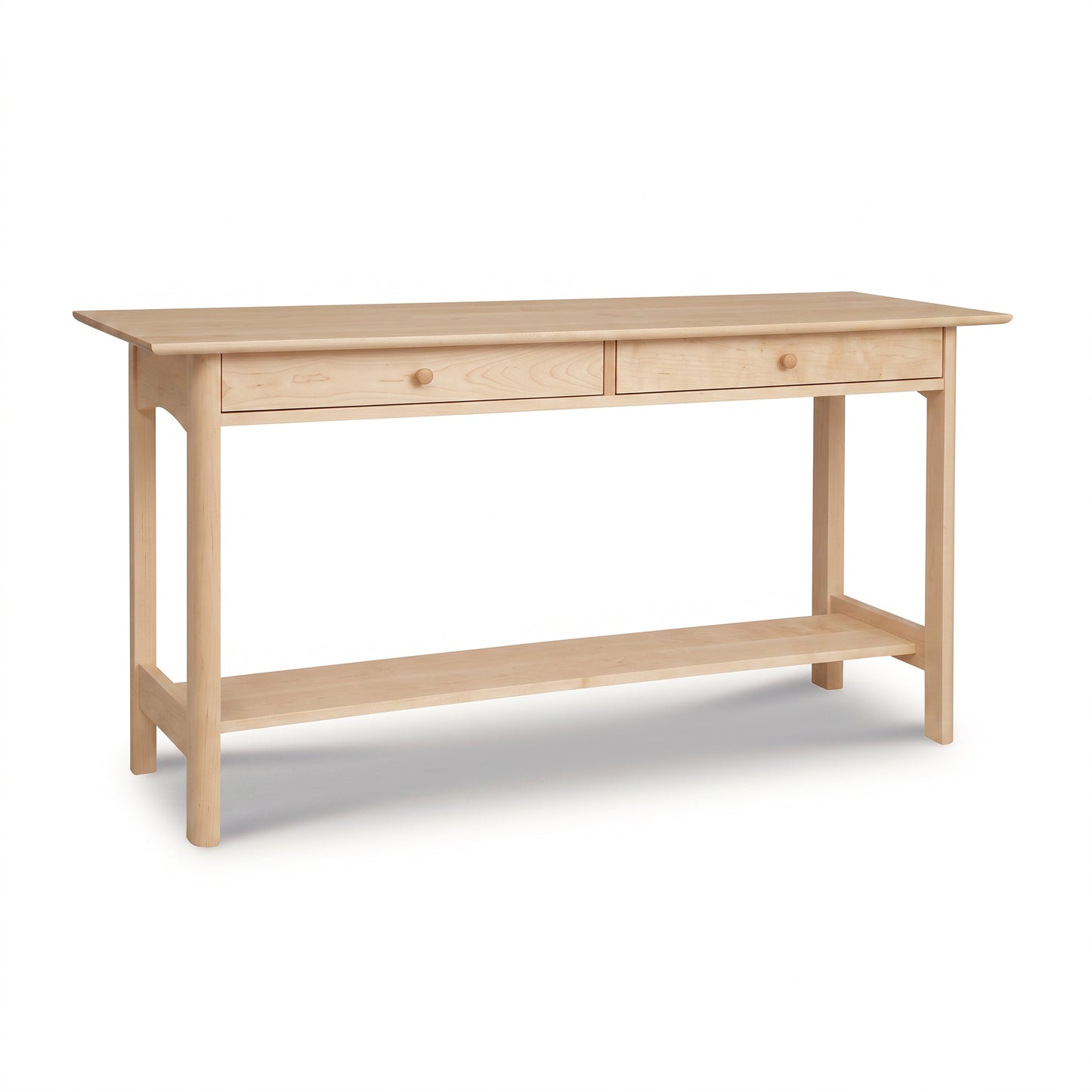 Heartwood Shaker 2-Drawer Console Table in light wood by Vermont Furniture Designs, featuring a lower shelf and classic craftsmanship.