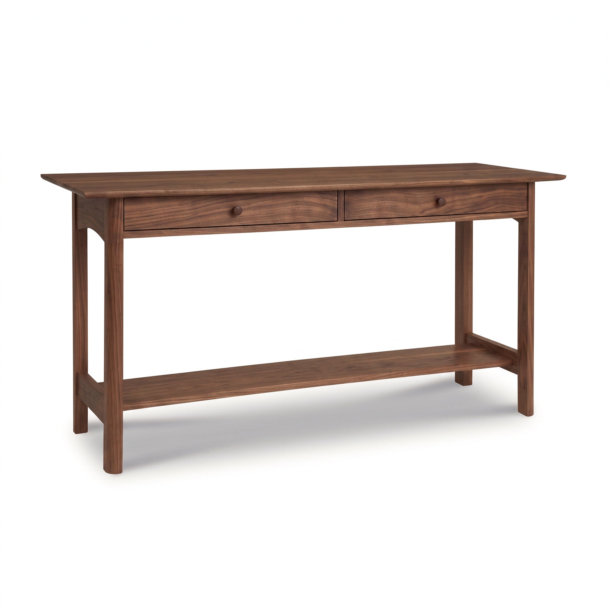 Heartwood Shaker 2-Drawer Console Table by Vermont Furniture Designs, displaying two drawers and a lower shelf, crafted from quality walnut hardwood.