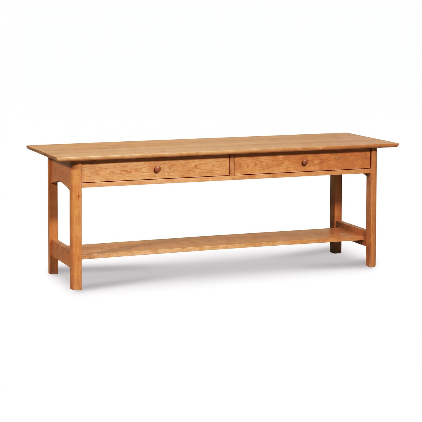 Heartwood Shaker 2-Drawer Coffee Table by Vermont Furniture Designs, solid wood with lower shelf, features elegant craftsmanship and classic style.