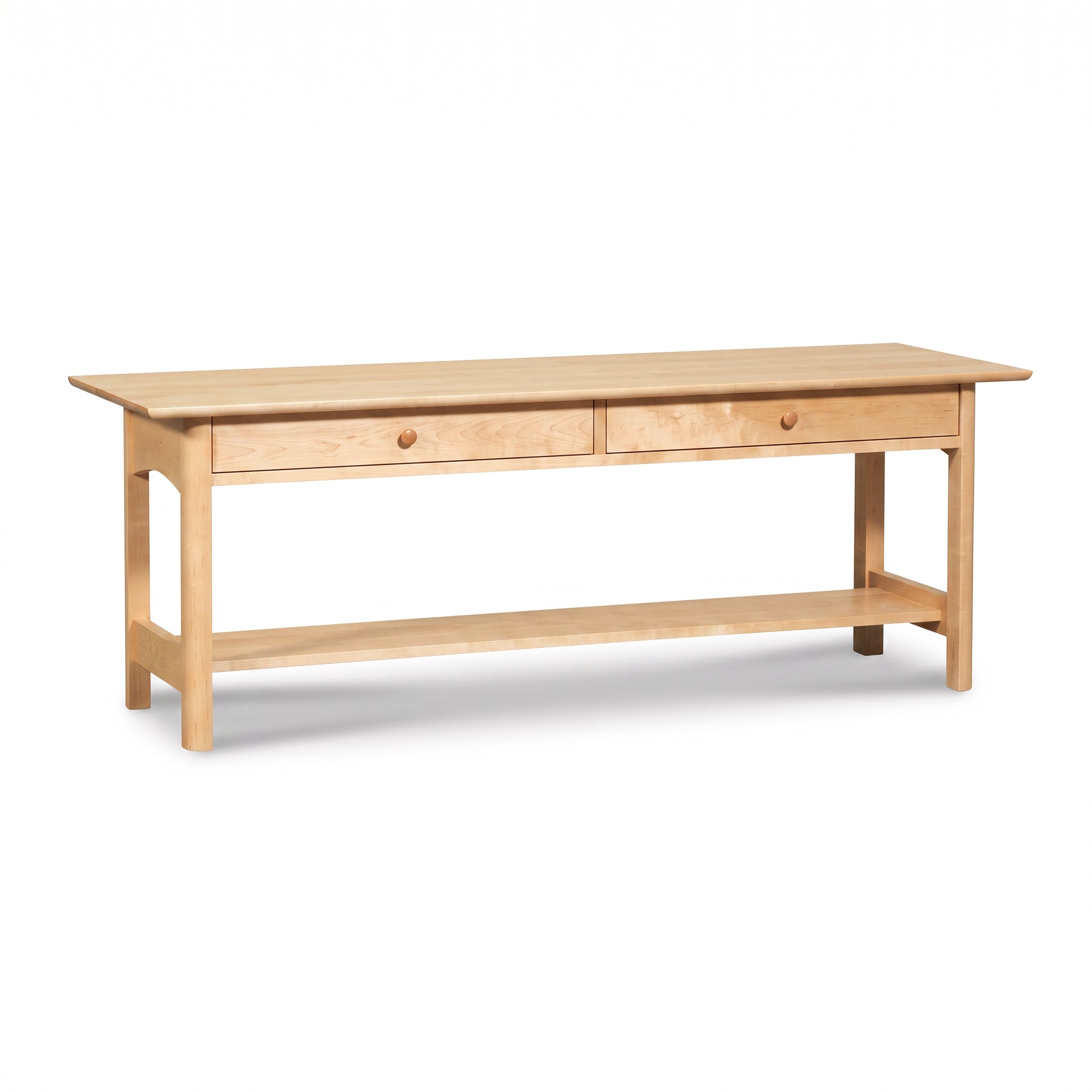 Heartwood Shaker 2-Drawer Coffee Table with round knobs, open shelf, and rectangular legs by Vermont Furniture Designs; American made quality.