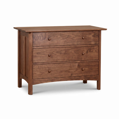 Heartwood Shaker 3-Drawer Chest by Vermont Furniture Designs, handcrafted in solid wood with round knobs, emphasizing quality American craftsmanship.