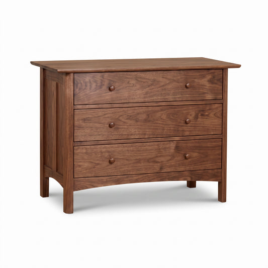 Heartwood Shaker 3-Drawer Chest by Vermont Furniture Designs, handcrafted in solid wood with round knobs, emphasizing quality American craftsmanship.
