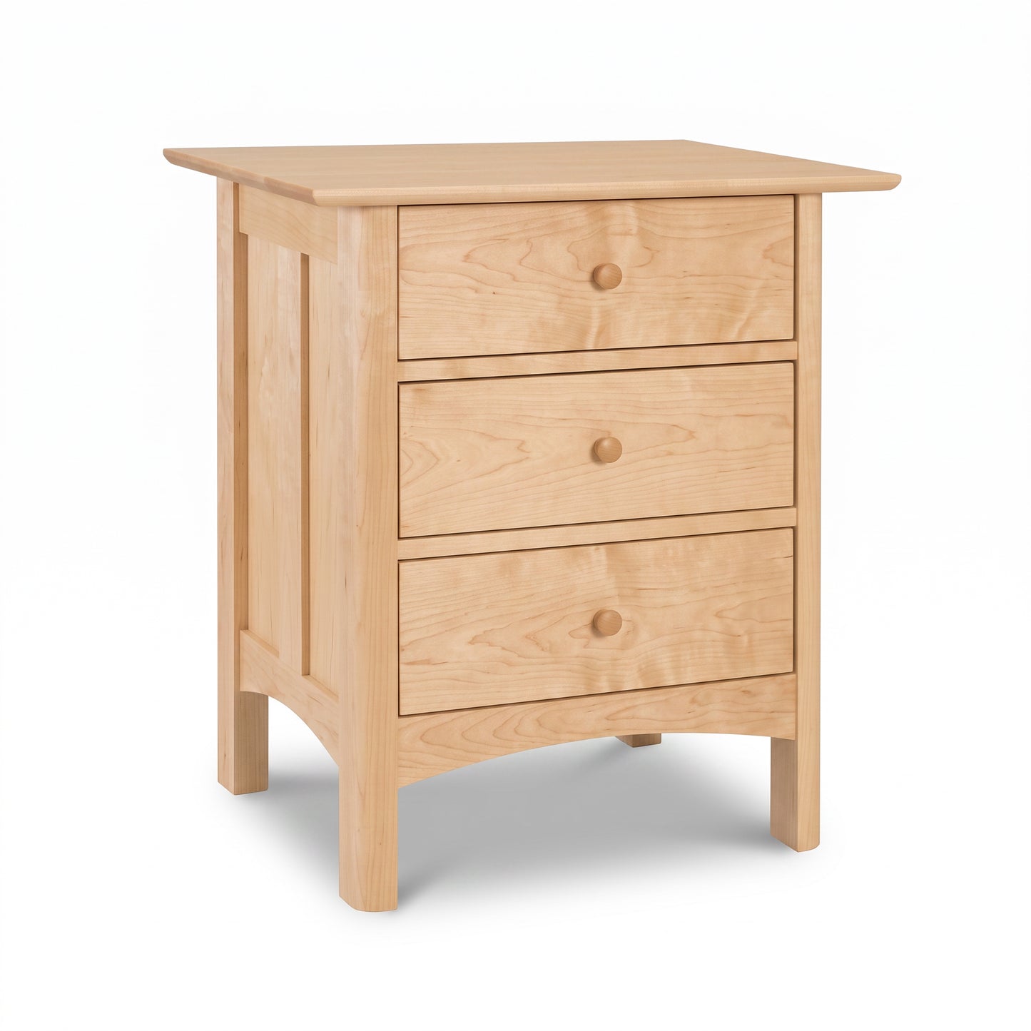 Handcrafted Heartwood Shaker 3-Drawer Nightstand in light wood, featuring four legs and fine Vermont craftsmanship from Vermont Furniture Designs.