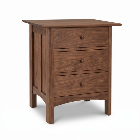 Heartwood Shaker 3-Drawer Nightstand by Vermont Furniture Designs, handcrafted in solid wood with elegant Shaker details.