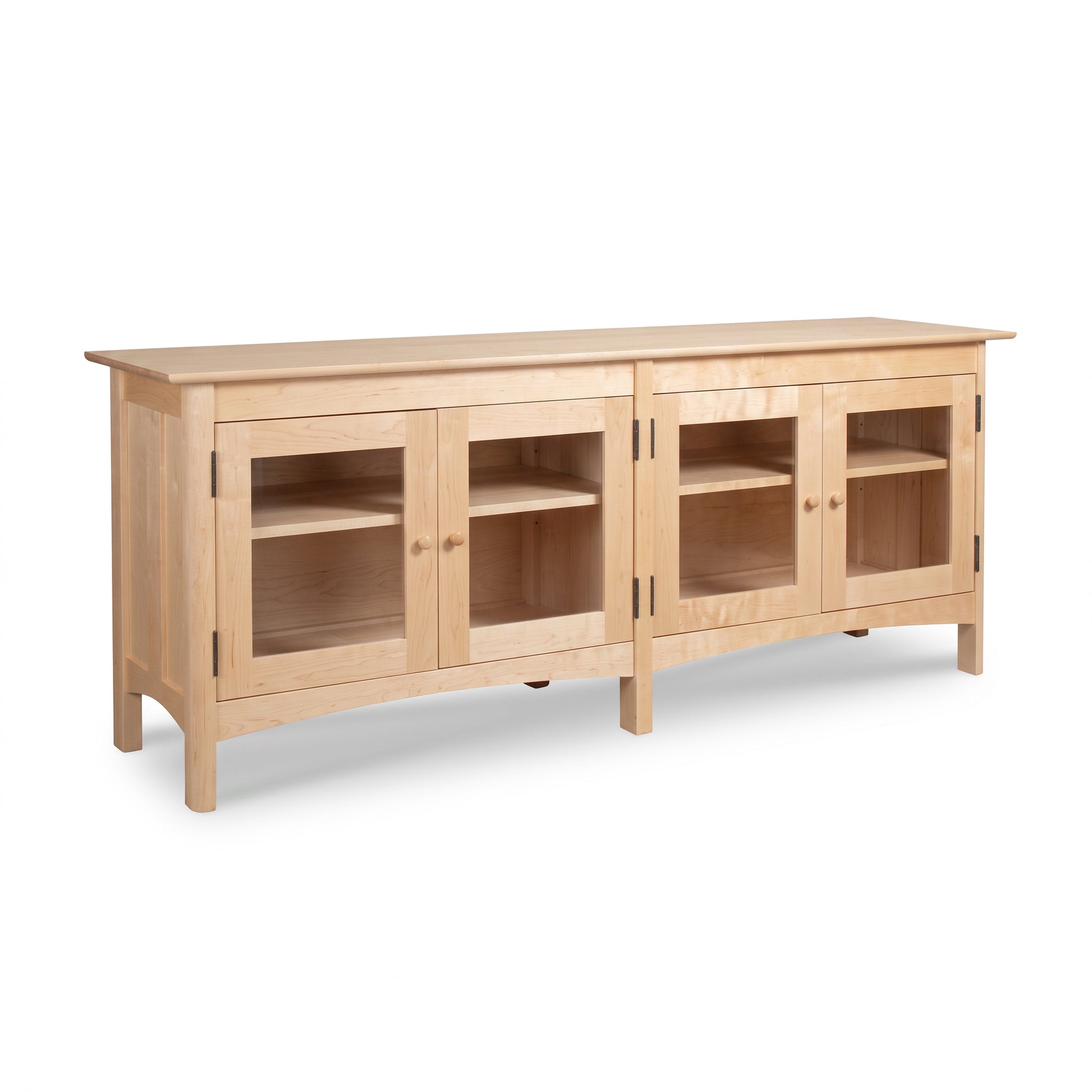 Heartwood Shaker 4-Door Console Bookcase by Vermont Furniture Designs with double glass doors and adjustable interior shelves, crafted in solid wood.