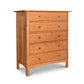 Heartwood Shaker 5-Drawer Chest with round knobs, natural wood finish, and sturdy four-leg base handcrafted by Vermont Furniture Designs.