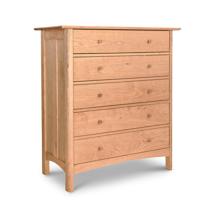 Heartwood Shaker 5-Drawer Chest by Vermont Furniture Designs with round wooden knobs, crafted in solid wood, highlighting its classic Shaker style.