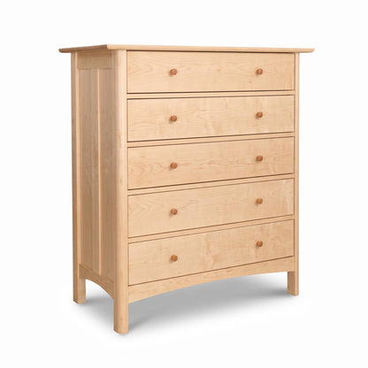 Heartwood Shaker 5-Drawer Chest in light wood by Vermont Furniture Designs, showcasing craftsmanship and elegant design.