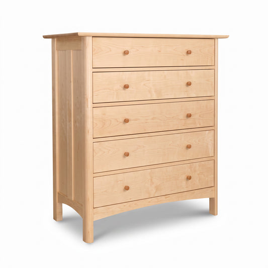 Heartwood Shaker 5-Drawer Chest in light wood by Vermont Furniture Designs, showcasing craftsmanship and elegant design.