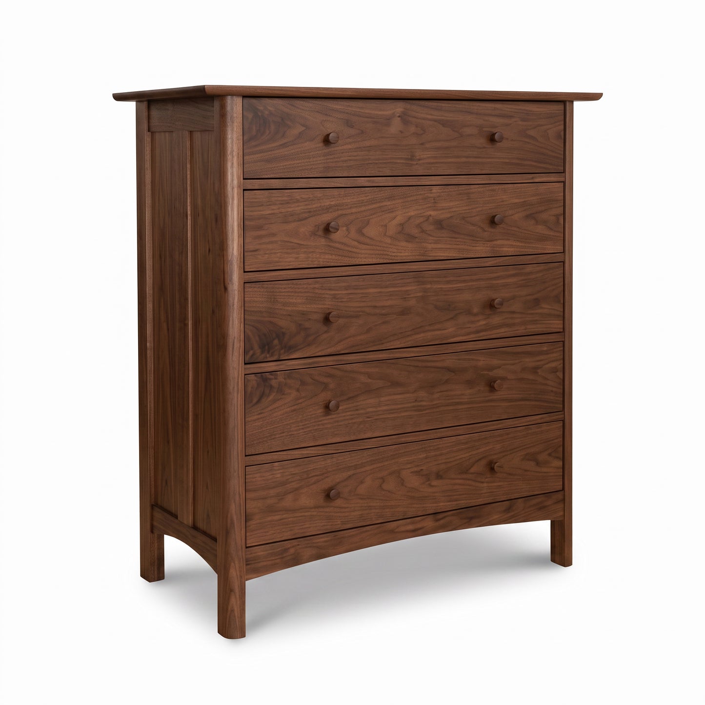 Heartwood Shaker 5-Drawer Chest in solid hardwood with round knobs and classic Shaker lines, crafted by Vermont Furniture Designs.