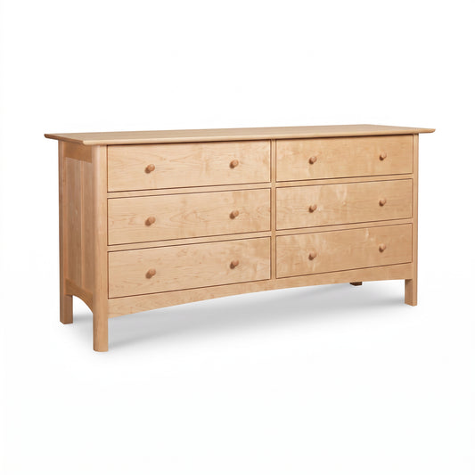 Heartwood Shaker 6-Drawer Dresser by Vermont Furniture Designs in light natural finish with round knobs, highlighting solid wood craftsmanship.