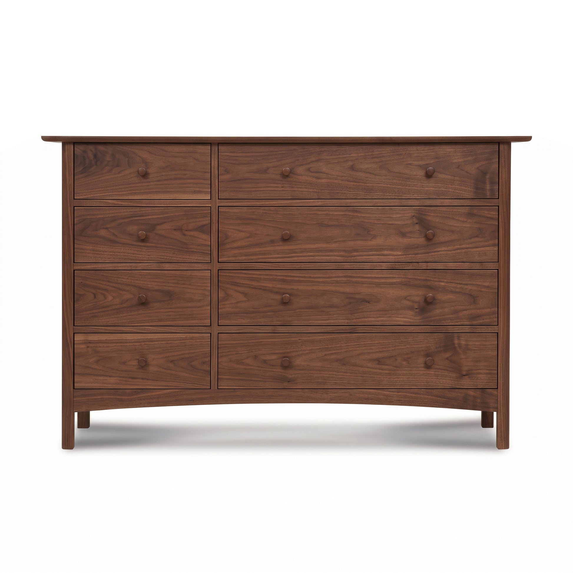 Heartwood Shaker 8-Drawer Dresser by Vermont Furniture Designs in solid hardwood with round wooden handles and a smooth white finish.