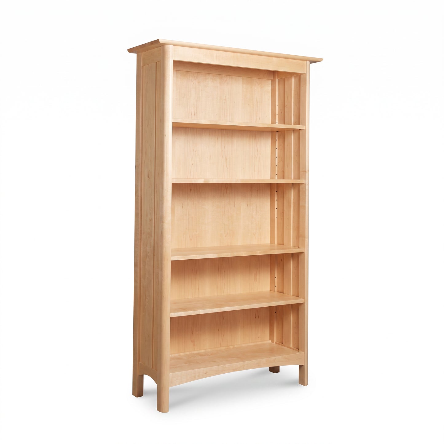Heartwood Shaker Custom Bookcase by Vermont Furniture Designs, handcrafted in light wood with five shelves and four legs, made in Vermont.