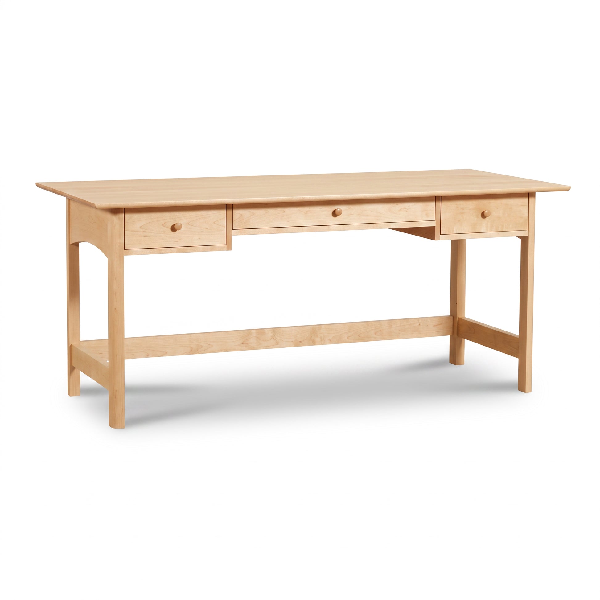 Heartwood Shaker Campaign Desk by Vermont Furniture Designs with three drawers and a light wood Modern Shaker finish, American made.
