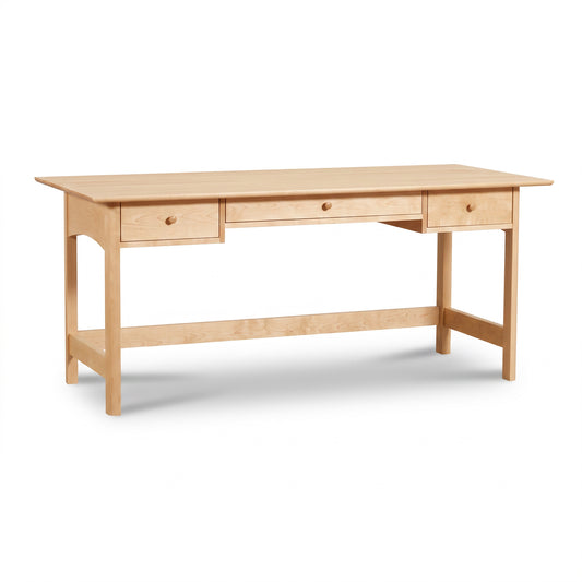 Heartwood Shaker Campaign Desk by Vermont Furniture Designs with three drawers and a light wood Modern Shaker finish, American made.