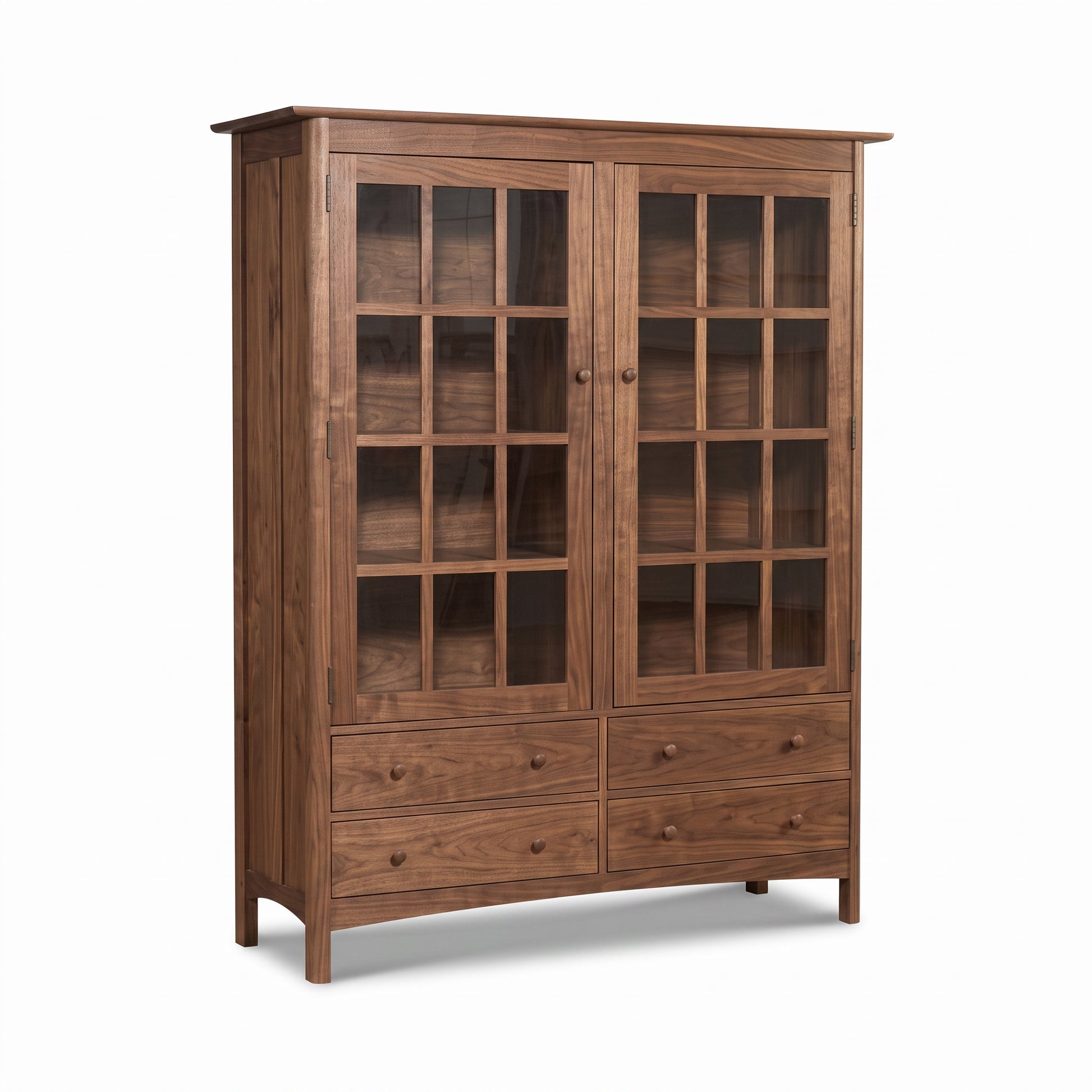 Heartwood Shaker China Cabinet by Vermont Furniture Designs with glass doors and four drawers, handcrafted in Vermont from quality hardwood.