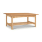 Heartwood Shaker Coffee Table crafted from solid wood with a lower shelf and eco-friendly oil finish, showcasing classic American craftsmanship.