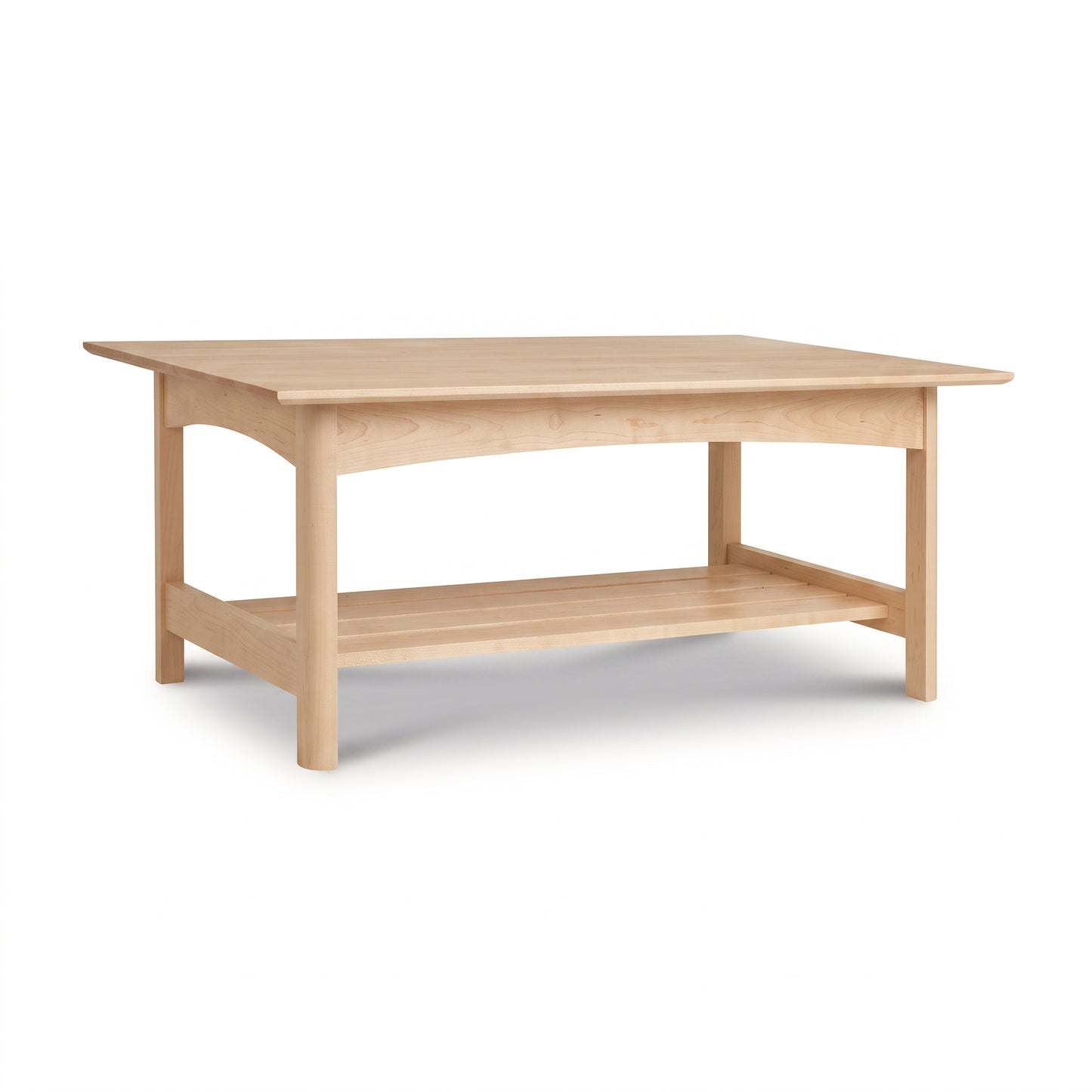 Vermont Furniture Designs Heartwood Shaker Coffee Table with lower shelf and rectangular top, handcrafted in solid wood, American made.