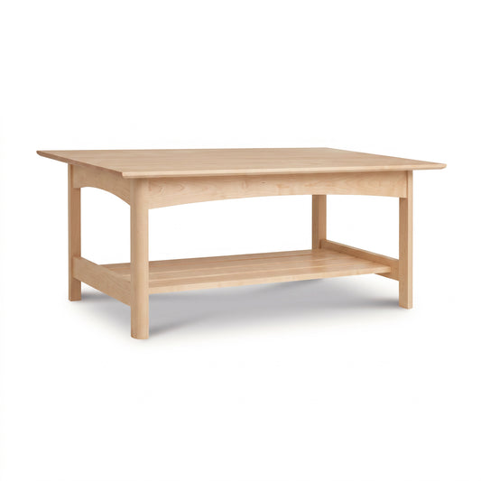 Vermont Furniture Designs Heartwood Shaker Coffee Table with lower shelf and rectangular top, handcrafted in solid wood, American made.