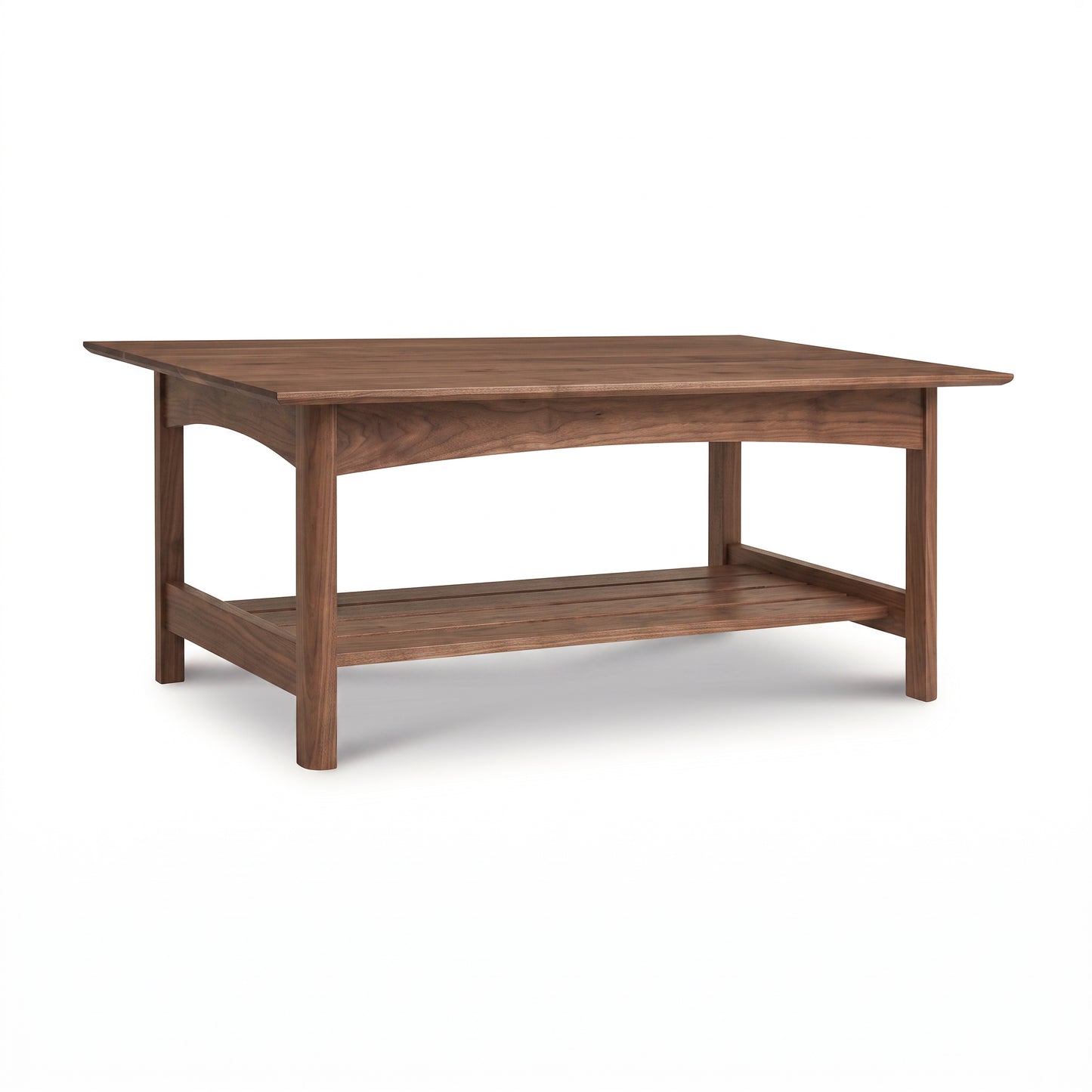 Heartwood Shaker Coffee Table by Vermont Furniture Designs with lower shelf, straight legs, and smooth solid wood top, handcrafted in America.