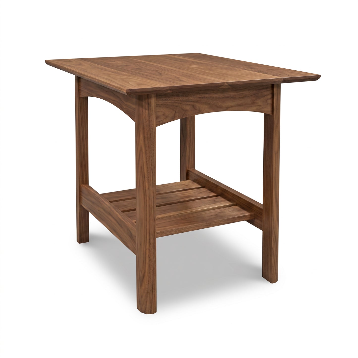 Heartwood Shaker Lamp Table by Vermont Furniture Designs, handcrafted in solid wood with four legs and a slatted shelf.