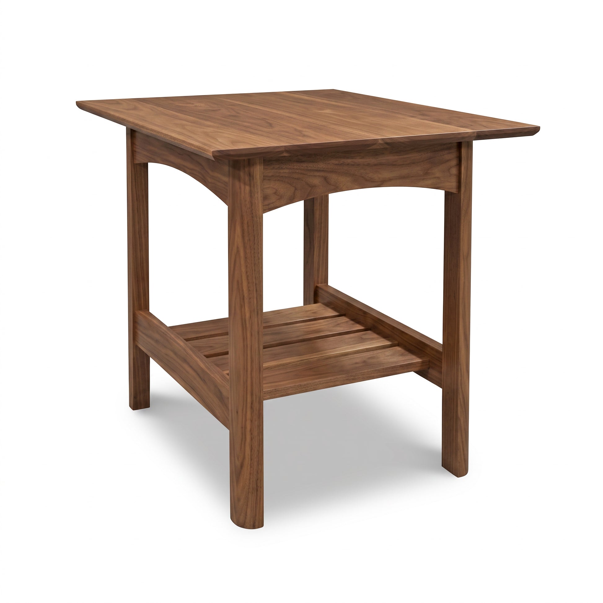 Heartwood Shaker Lamp Table by Vermont Furniture Designs, handcrafted in solid wood with four legs and a slatted shelf.