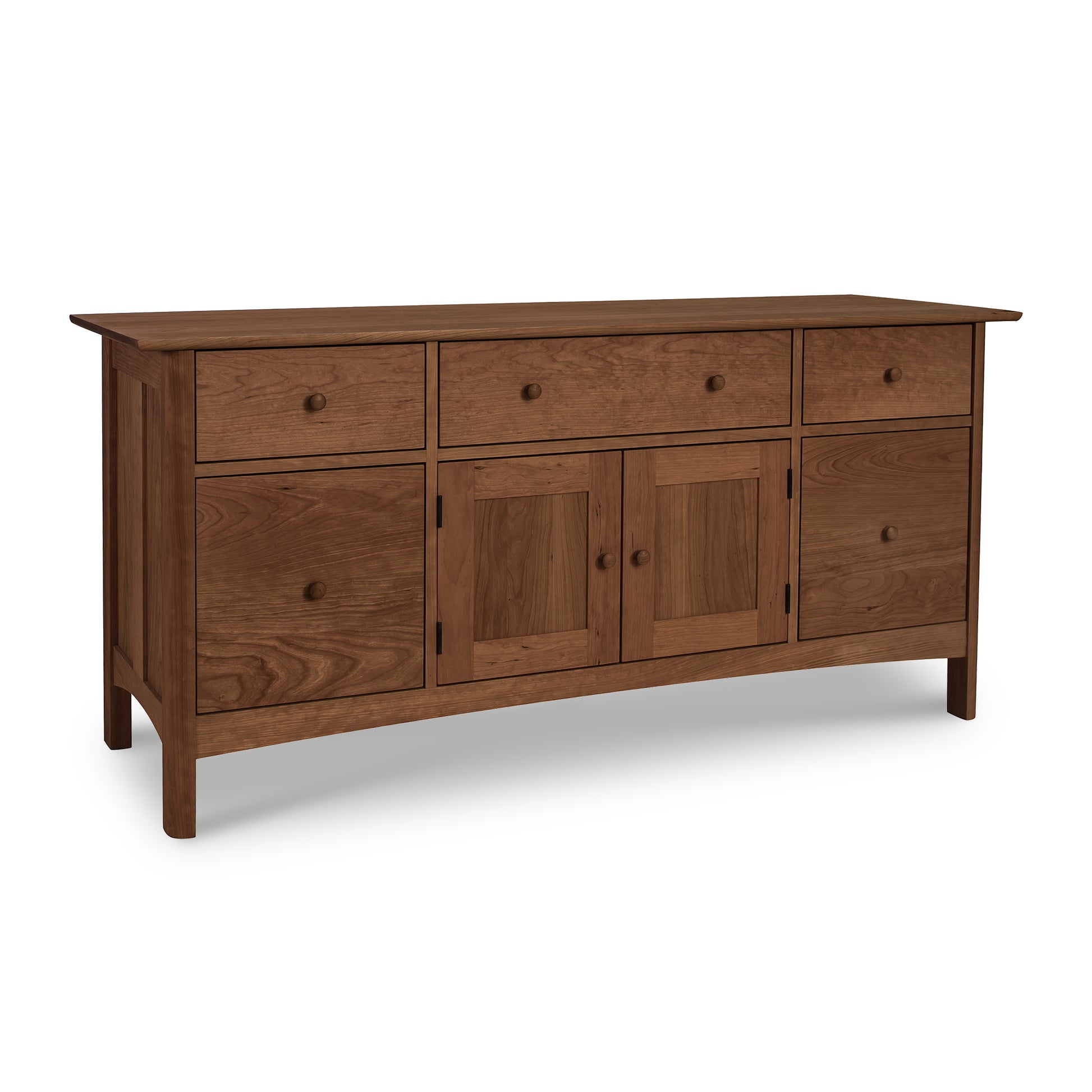 Heartwood Shaker File Credenza by Vermont Furniture Designs featuring solid hardwood, three drawers, side cabinets, and a double-door center.