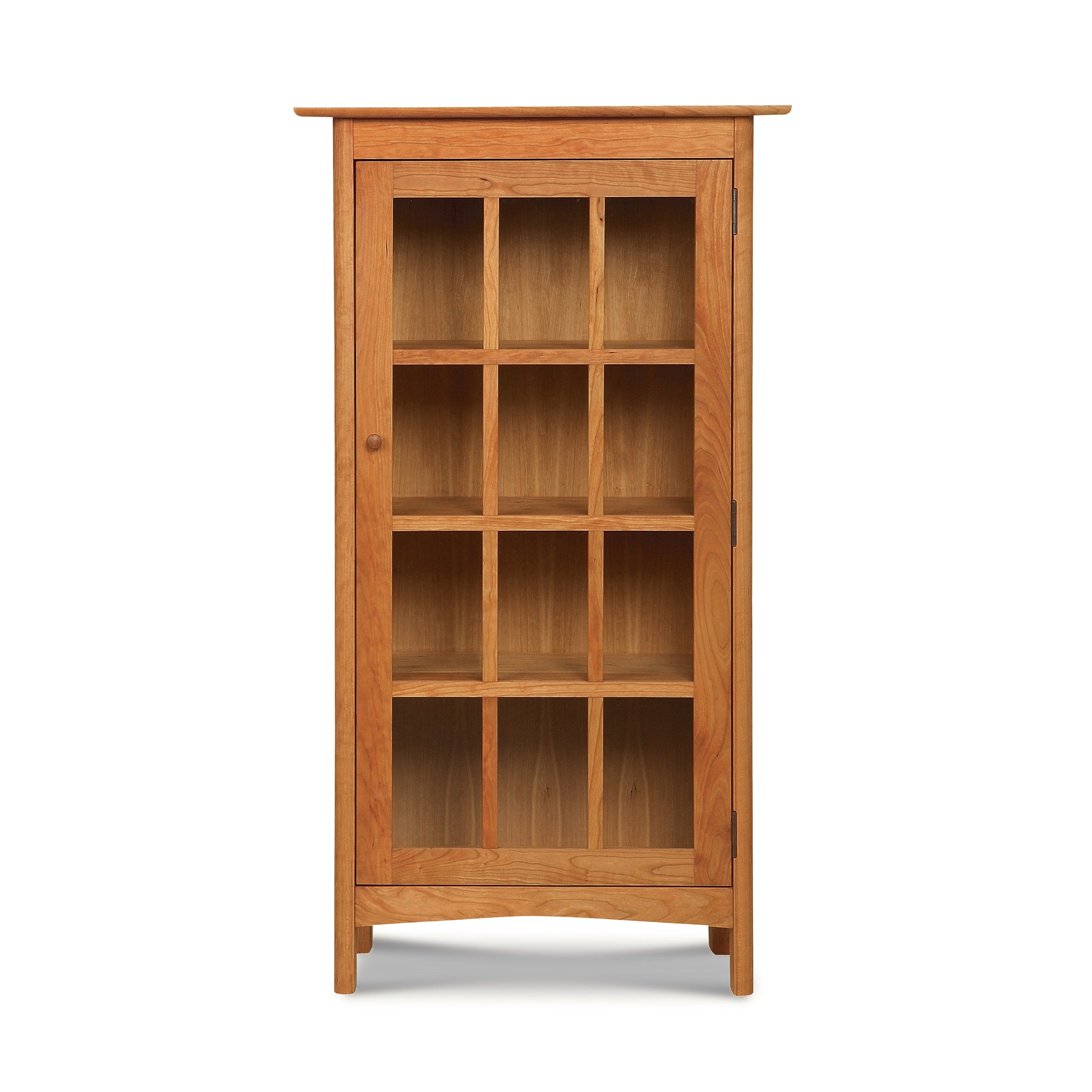 Heartwood Shaker Glass Door Bookcase with nine-pane glass front and three shelves, handcrafted by Vermont Furniture Designs, showcasing fine American woodworking craftsmanship.