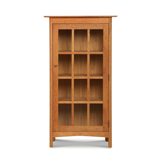 Heartwood Shaker Glass Door Bookcase with nine-pane glass front and three shelves, handcrafted by Vermont Furniture Designs, showcasing fine American woodworking craftsmanship.