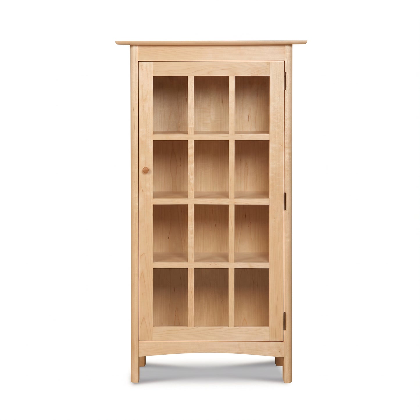 Heartwood Shaker Glass Door Bookcase with 9 sections and four short legs, crafted by Vermont Furniture Designs in solid wood.