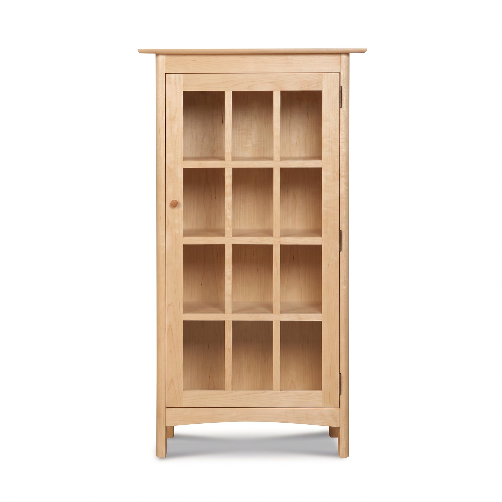 Heartwood Shaker Glass Door Bookcase with 9 sections and four short legs, crafted by Vermont Furniture Designs in solid wood.
