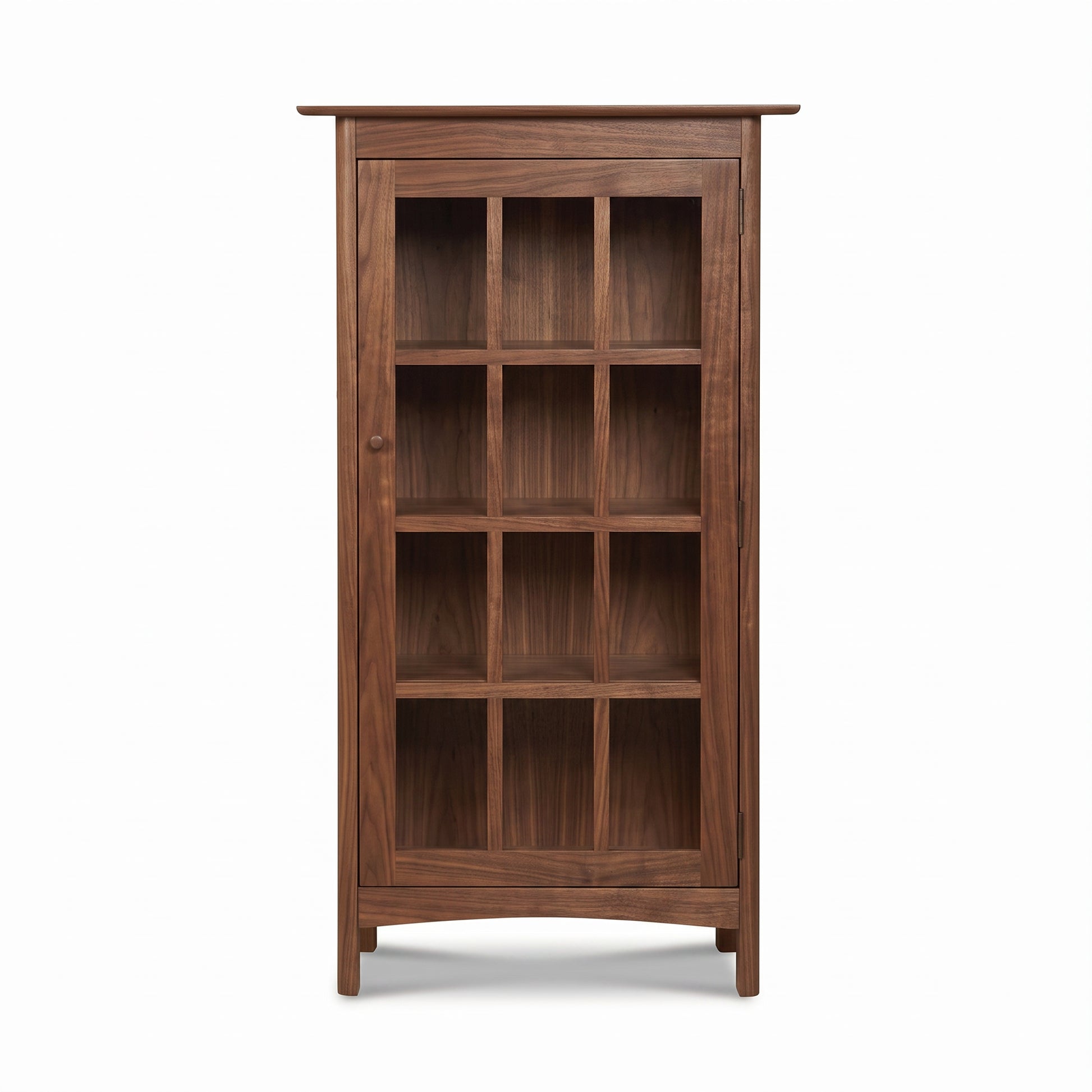 Vermont Furniture Designs Heartwood Shaker Glass Door Bookcase with short legs, crafted in USA, highlighting quality woodwork and timeless design.
