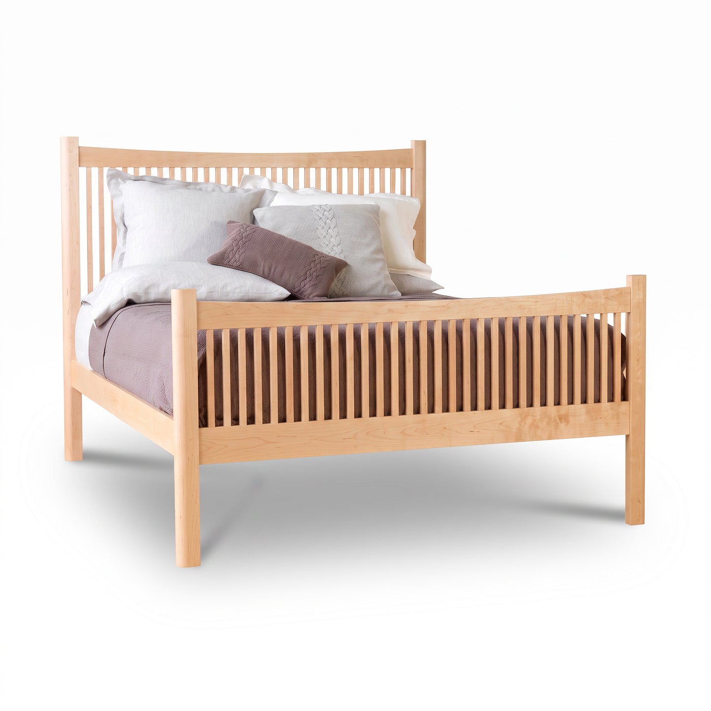 Heartwood Shaker High Footboard Bed by Vermont Furniture Designs in solid wood with vertical slats and a lavender duvet.