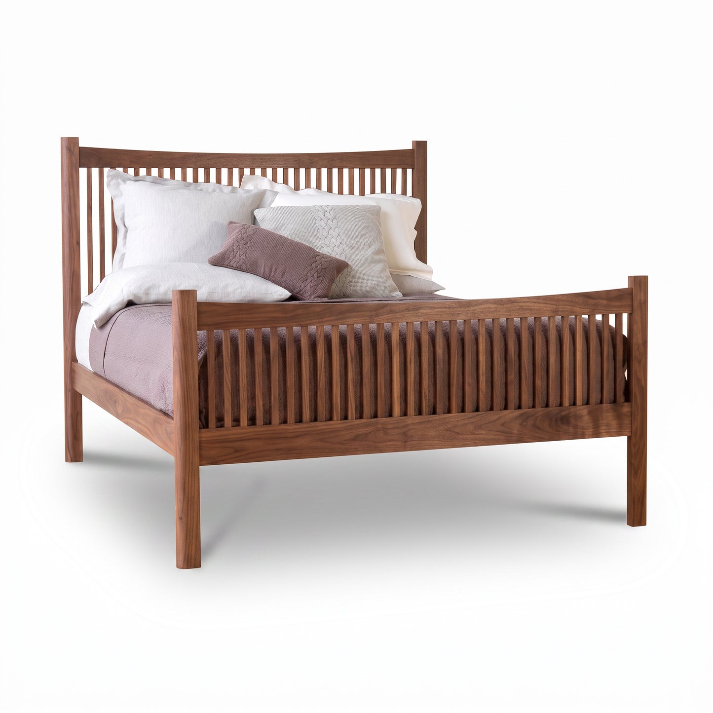 Heartwood Shaker High Footboard Bed by Vermont Furniture Designs in solid wood with high headboard and footboard, shown with light bedding.