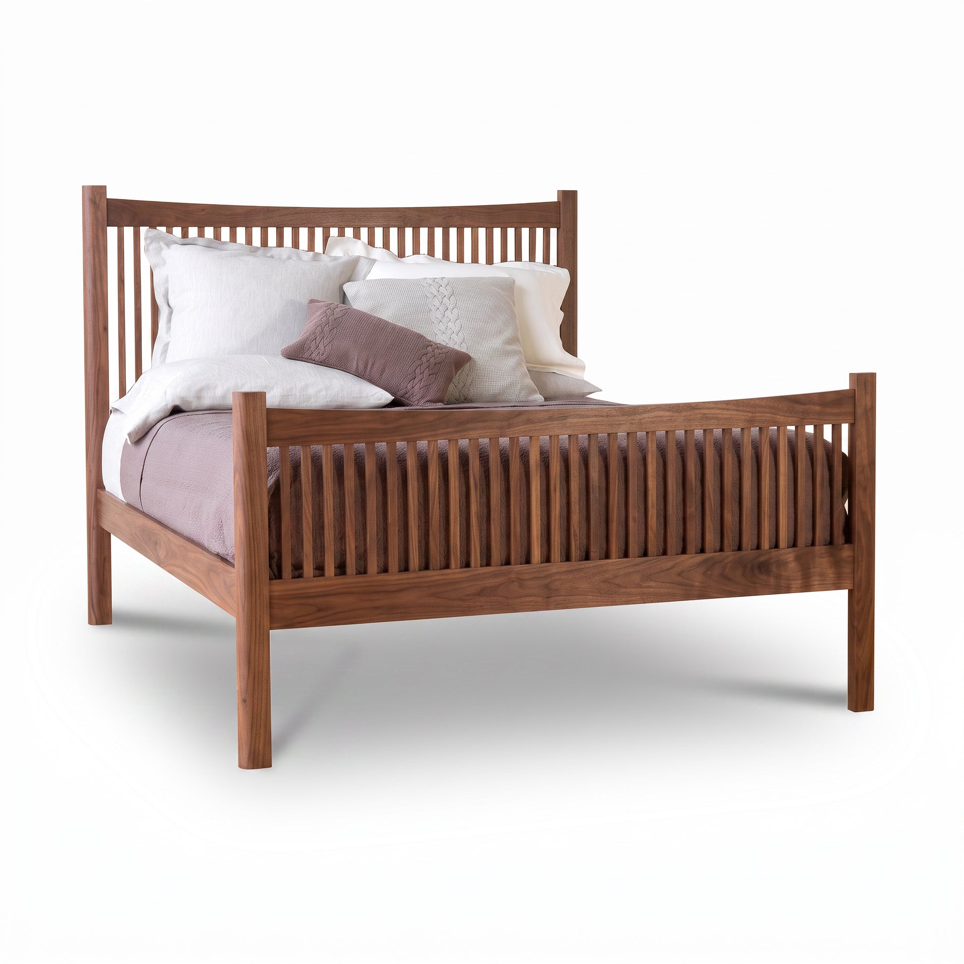 Heartwood Shaker High Footboard Bed by Vermont Furniture Designs in solid wood with high headboard and footboard, shown with light bedding.