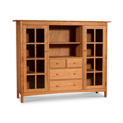Heartwood Shaker Home Office Center Cabinet with glass doors, four drawers, and open shelf, crafted by Vermont Furniture Designs in solid wood.