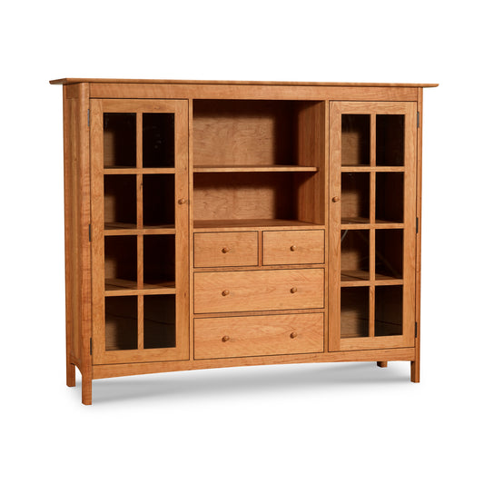 Heartwood Shaker Home Office Center Cabinet with glass doors, four drawers, and open shelf, crafted by Vermont Furniture Designs in solid wood.