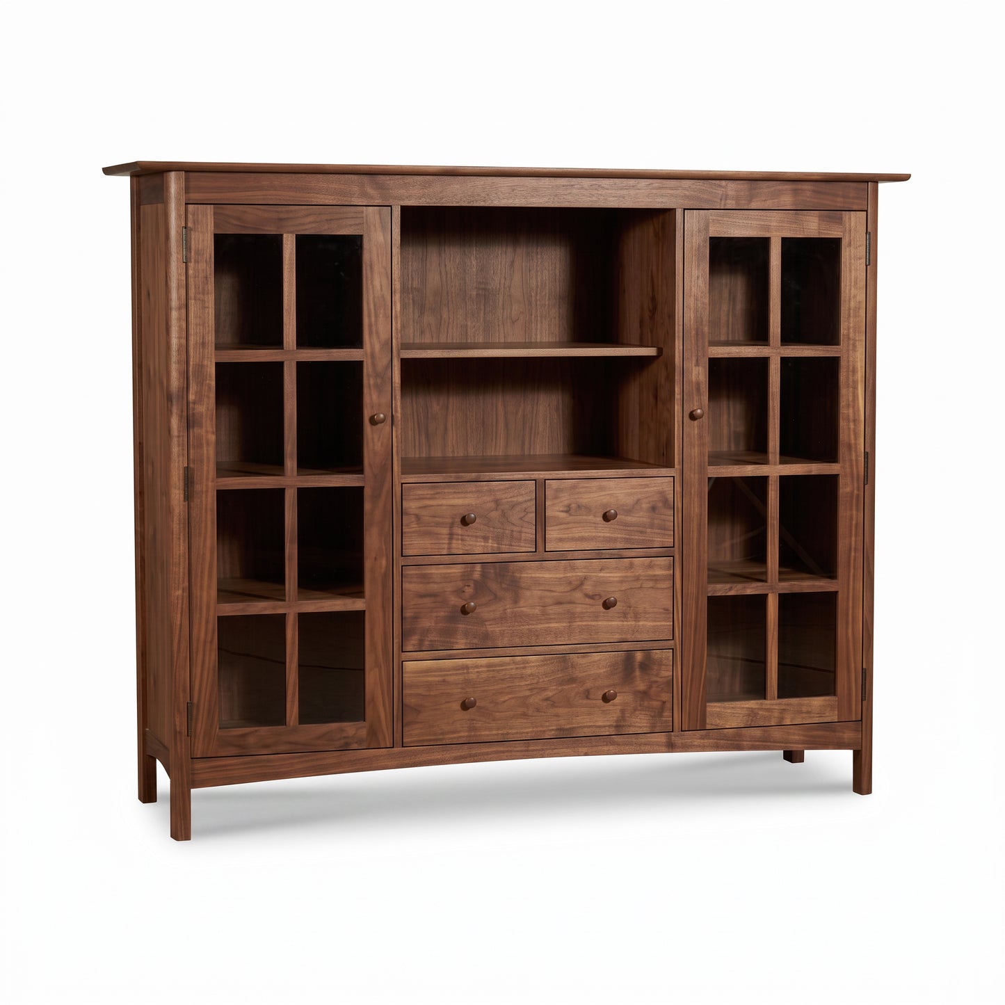 Heartwood Shaker Home Office Center Cabinet in solid wood with glass doors, three drawers, and overhead shelf by Vermont Furniture Designs.
