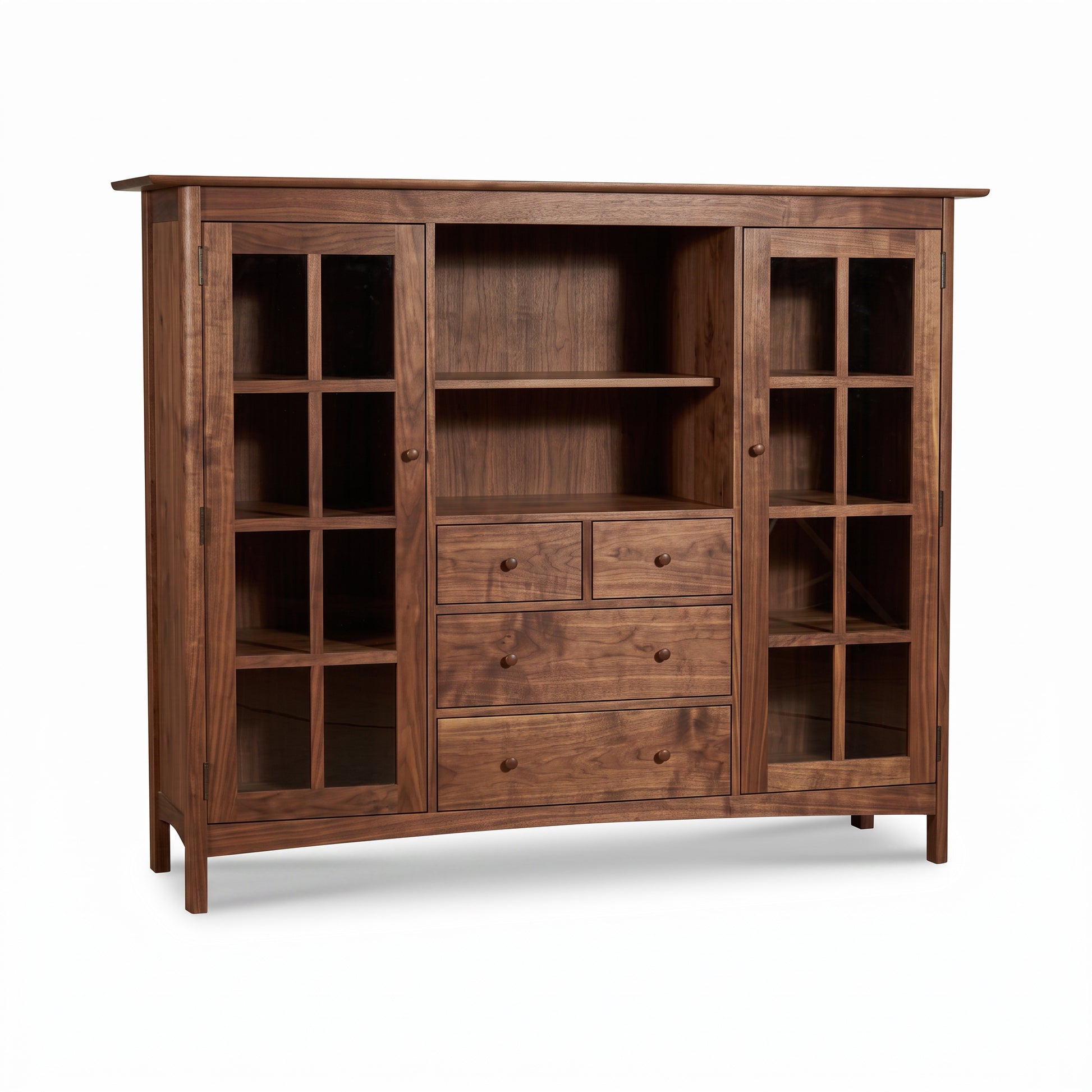 Heartwood Shaker Home Office Center Cabinet in solid wood with glass doors, three drawers, and overhead shelf by Vermont Furniture Designs.
