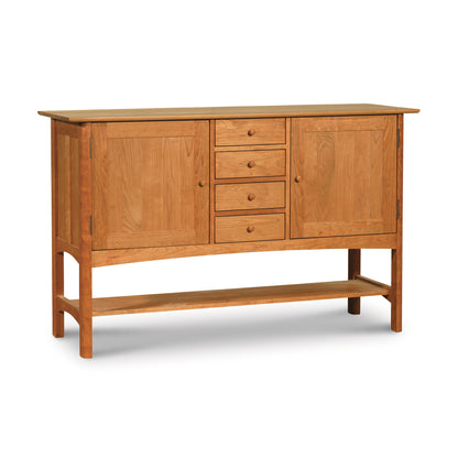 Heartwood Shaker Huntboard sideboard with two cabinets, four drawers, and an open shelf crafted by Vermont Furniture Designs.