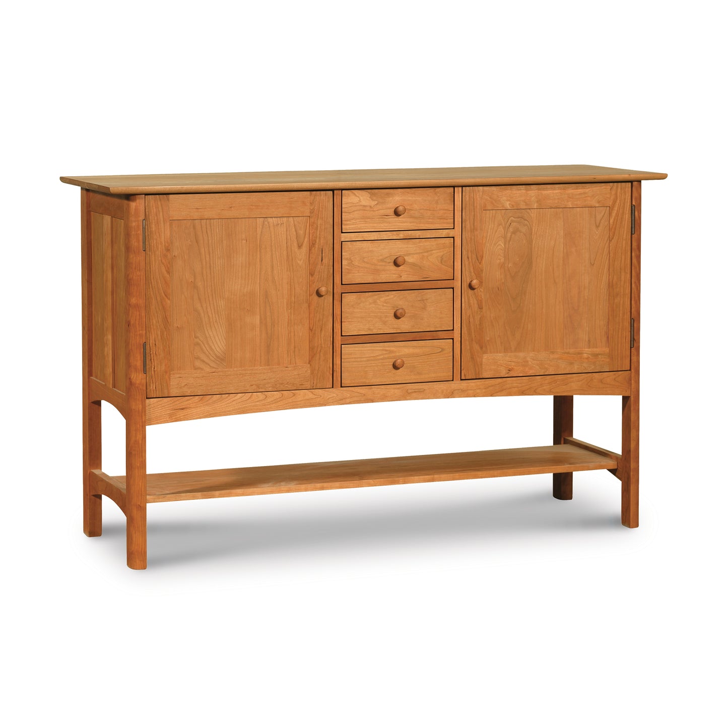 Heartwood Shaker Huntboard featuring two cabinets, four drawers, and an open lower shelf, handcrafted by Vermont Furniture Designs.