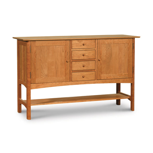 Heartwood Shaker Huntboard featuring two cabinets, four drawers, and an open lower shelf, handcrafted by Vermont Furniture Designs.