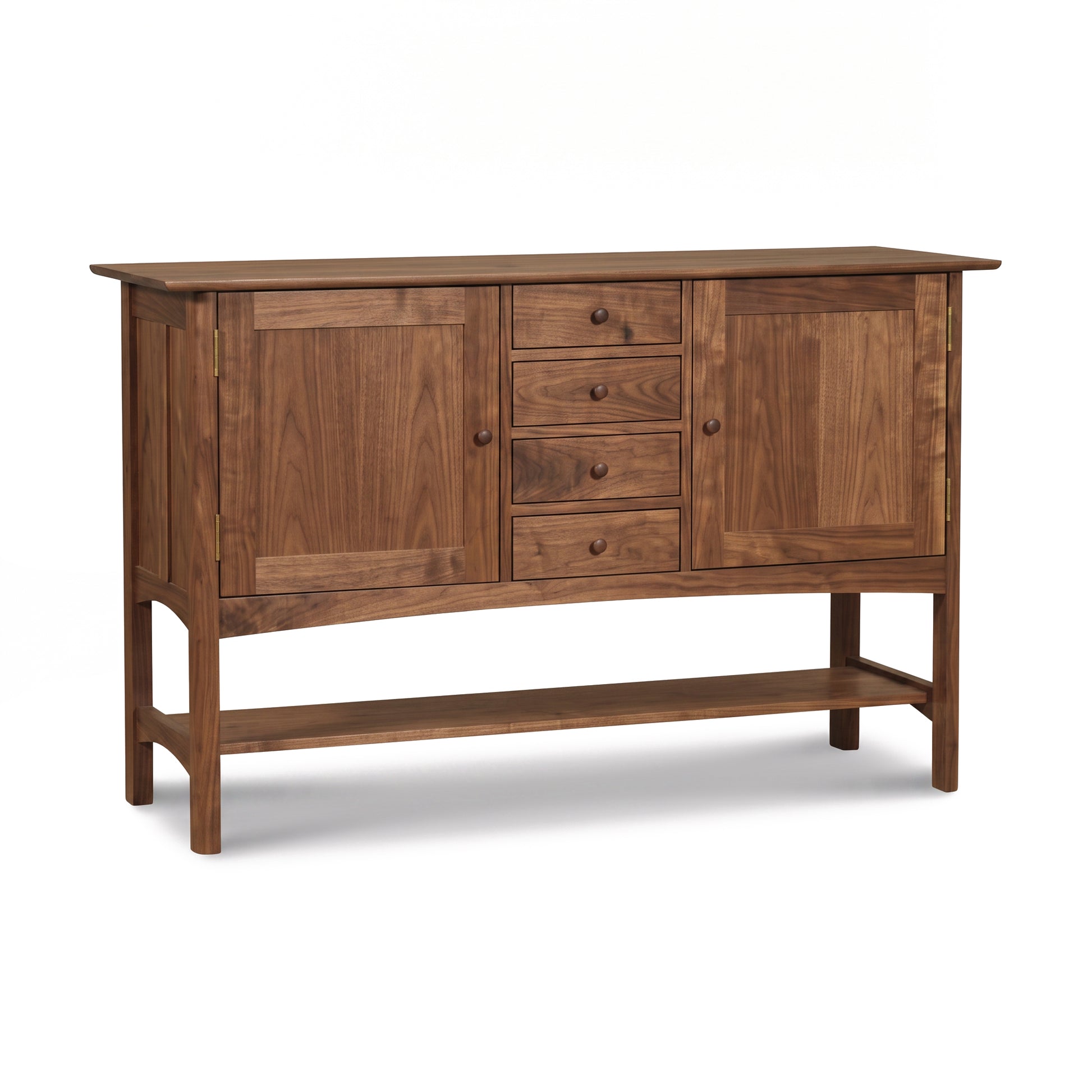 Heartwood Shaker Huntboard by Vermont Furniture Designs in solid wood, featuring 2 cabinets, 4 drawers, and open shelf for stylish kitchen storage.