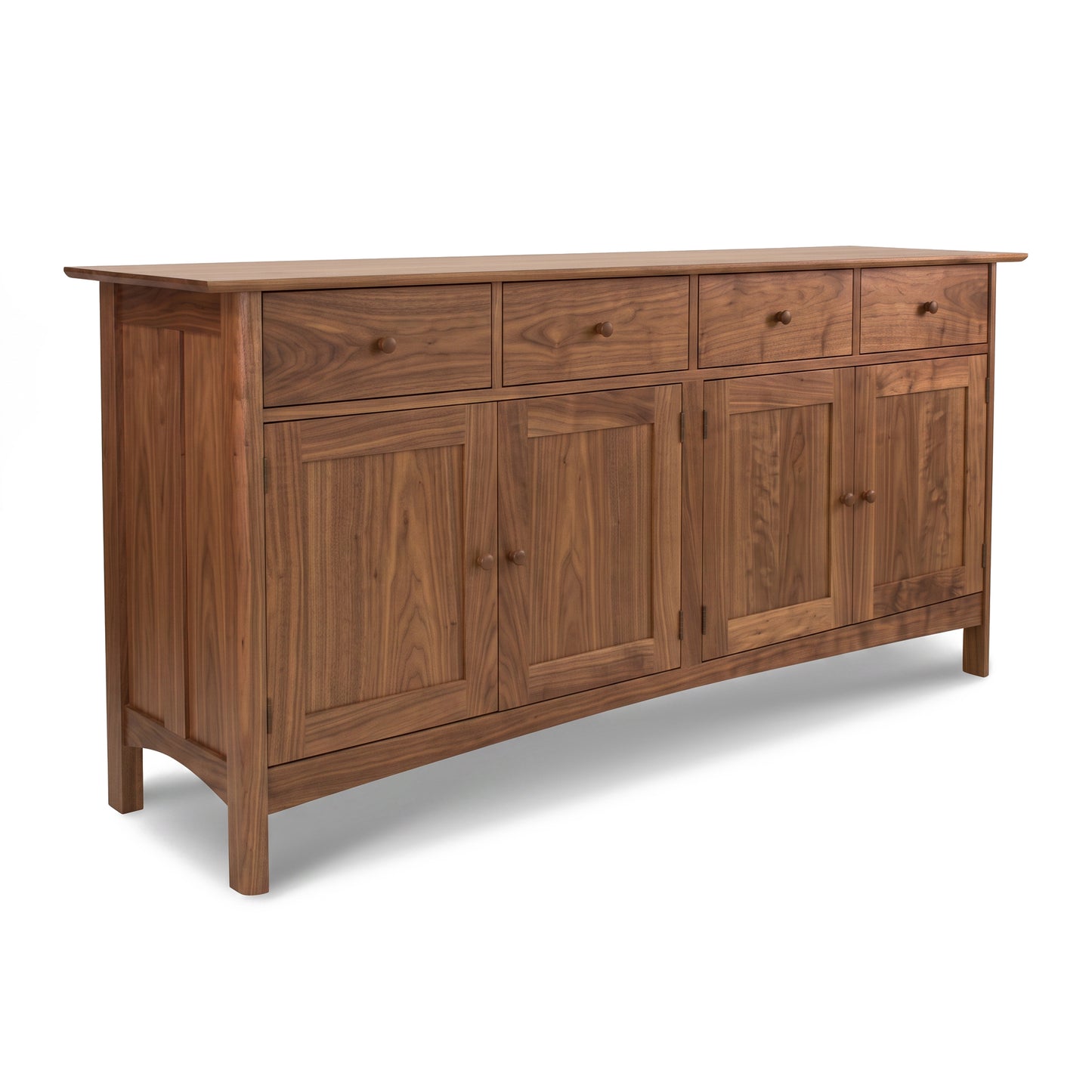 Heartwood Shaker Long Sideboard by Vermont Furniture Designs featuring four drawers and doors in a handcrafted natural wood finish.
