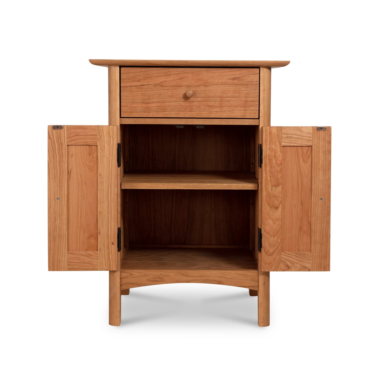 Heartwood Shaker Short Storage Chest by Vermont Furniture Designs featuring a top drawer and open doors, crafted in classic shaker style.