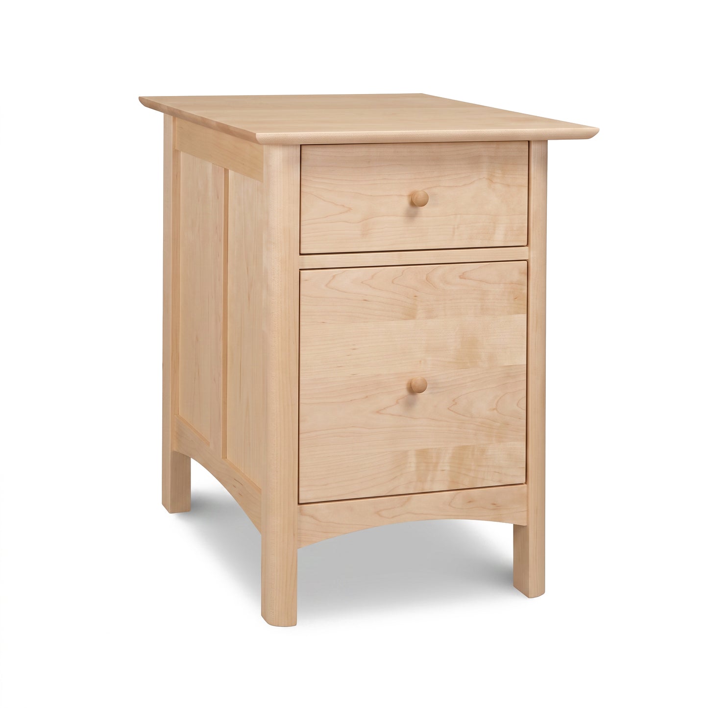 Light wood nightstand with two drawers and round knobs, crafted in the classic Shaker style by Vermont Woods Studios.